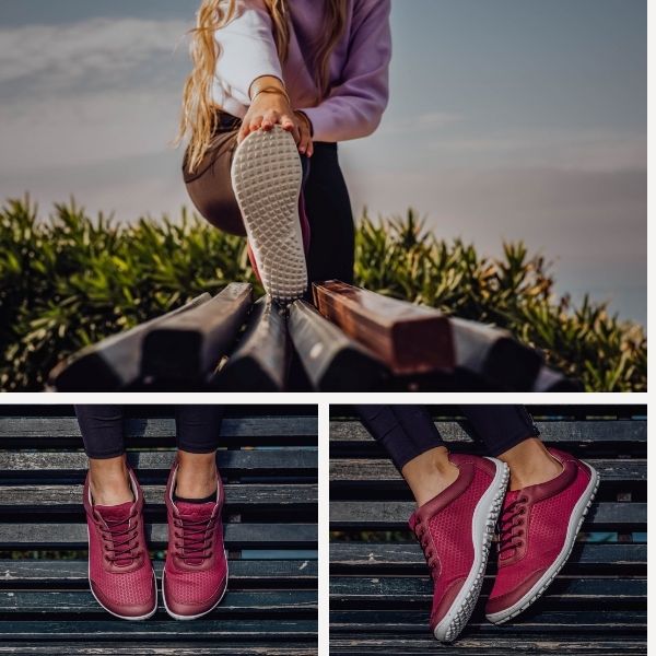 Ein Collagenbild: Oben ist eine Frau zu sehen, die sich auf einer Bank streckt und rosa Turnschuhe trägt. Unten links sind ihre Füße in rosa Turnschuhen von vorne auf einer Bank zu sehen. Unten rechts ist eine Seitenansicht der rosa Turnschuhe mit grauen Sohlen zu sehen. Sie trägt dunkle Leggings und ein helles Oberteil.